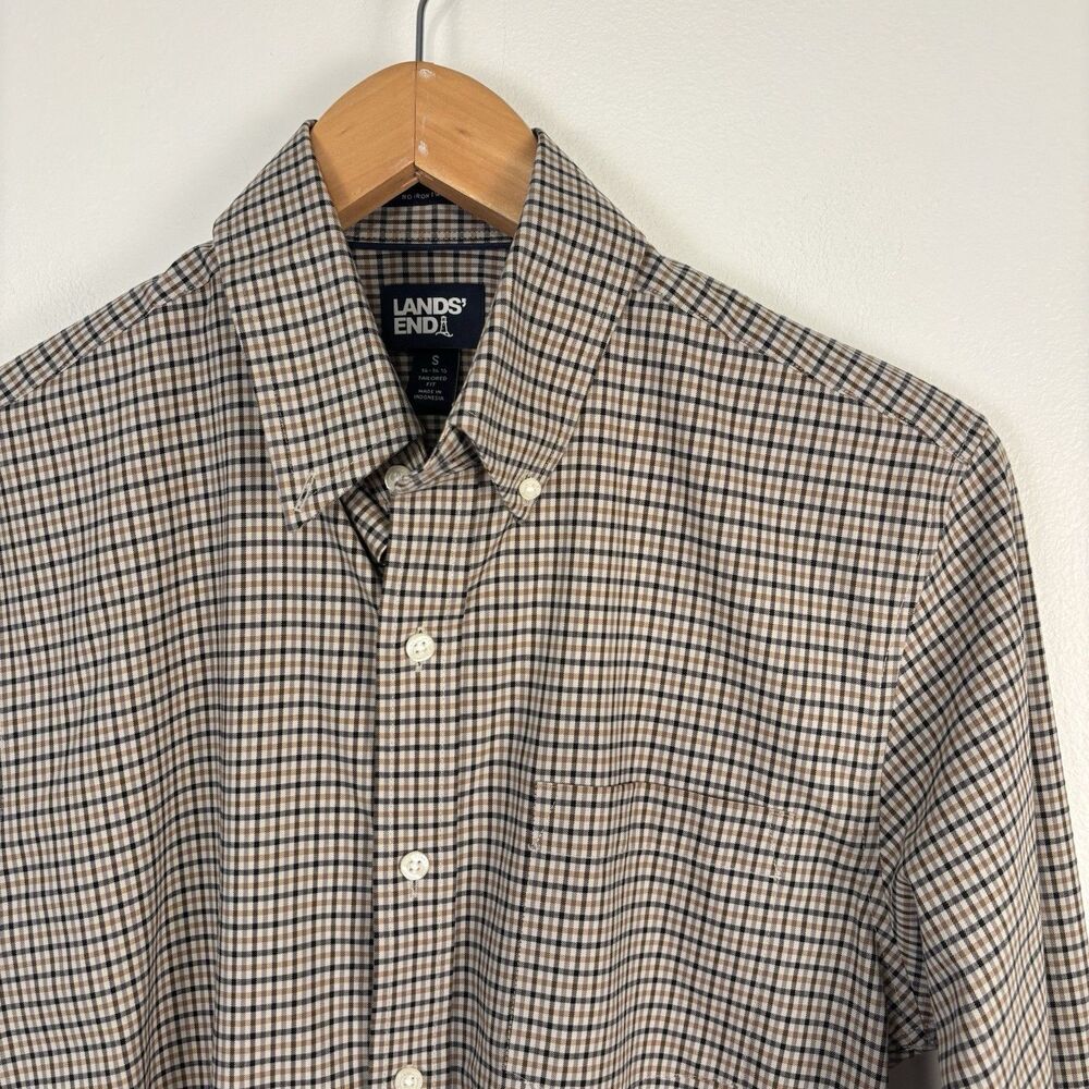 Lands' End Mens S 14-14.5 No-Iron Twill Long Sleeve Shirt Check Tailored Fit